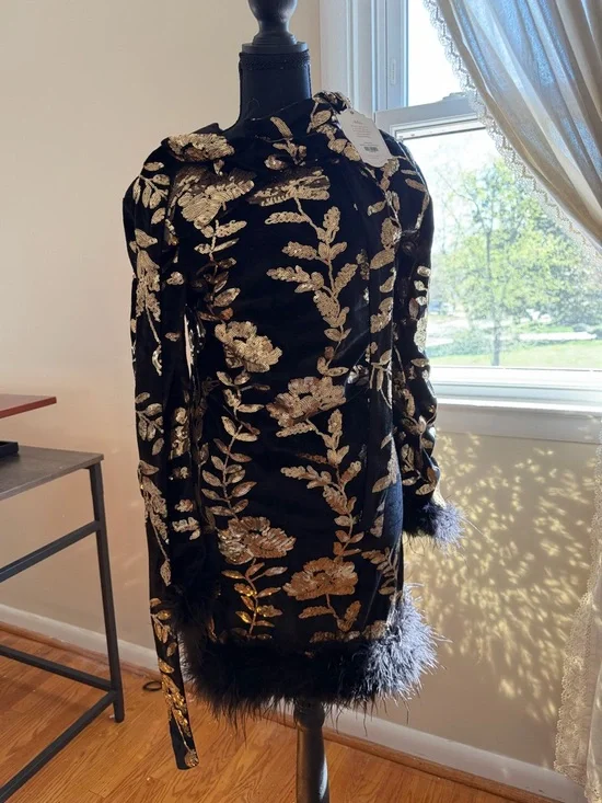 Ivy city co zarah black Mini Dress with Gold Floral Embroidery and Feather Trim - Picture 1 of 5